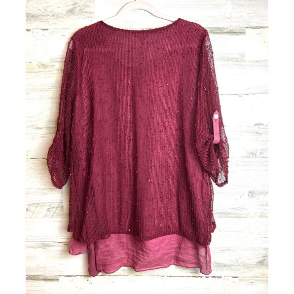 Hannah Women’s Large Cranberry Red Boho Layered Roll Sleeve Sequin Blouse NEW - Picture 2 of 7